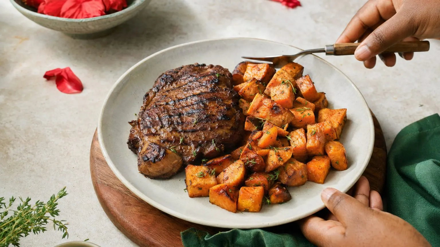 Patate douce rôtie servie avec une viande grillée, accompagnement patate douce