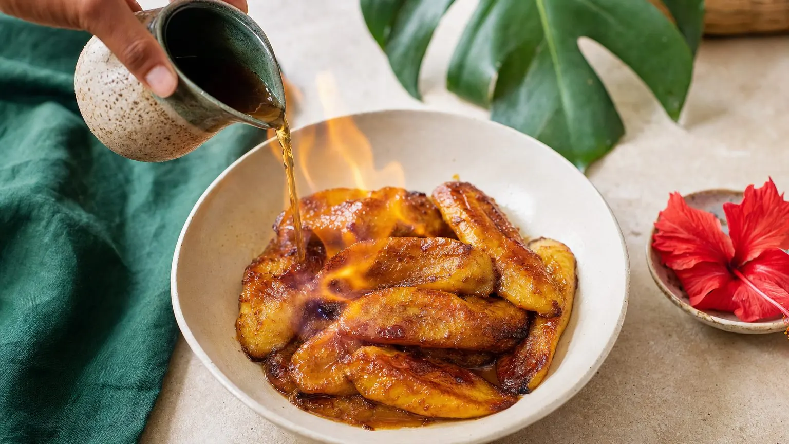 Bananes plantain flambées au rhum, dorées et caramélisées, recette banane plantain dessert