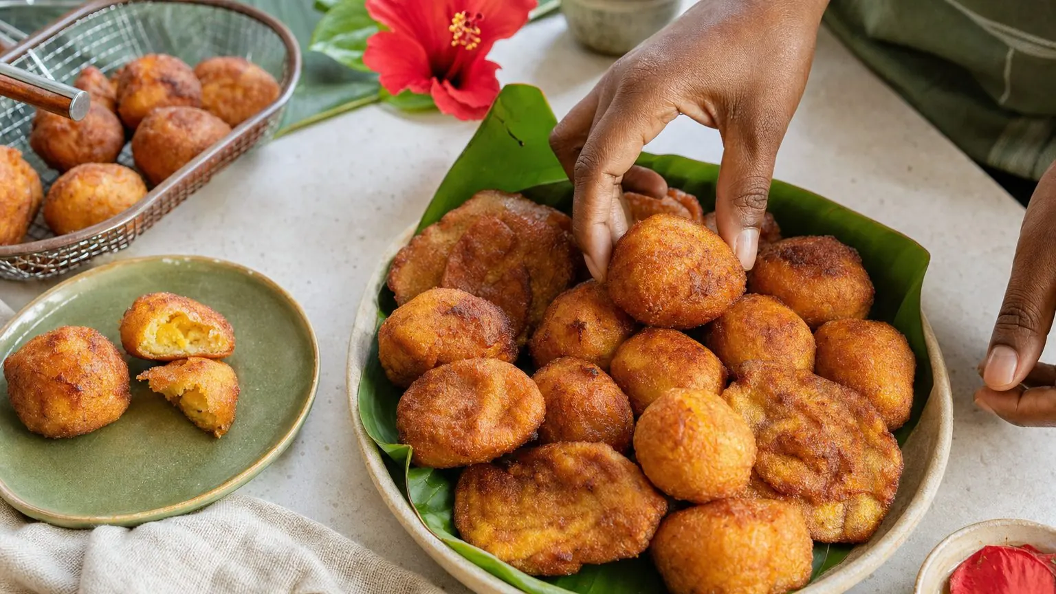 Beignets de banane plantain dorés, boules sucrées et tranches salées, beignet de banane plantain