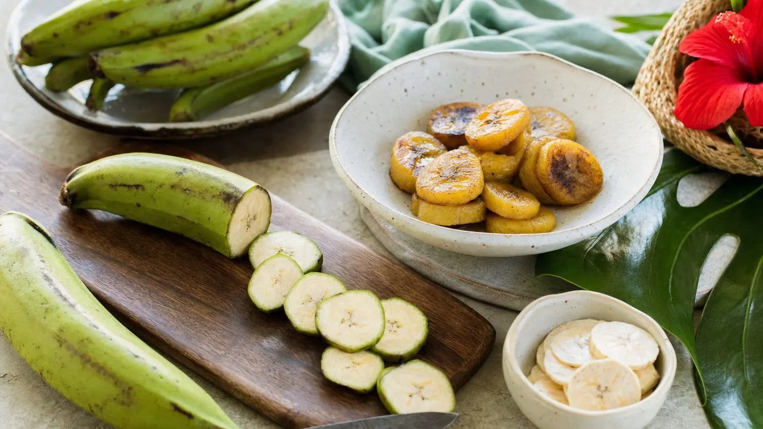 Bananes plantain crues et cuites tranchées, calories banane plantain selon la maturité et la cuisson