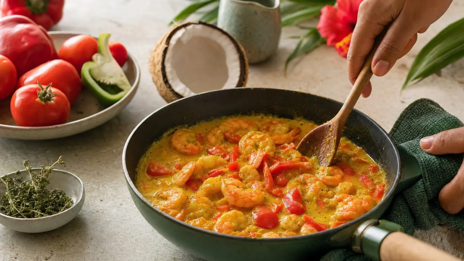 Colombo de crevettes au lait de coco dans une poêle, avec tomates et poivron