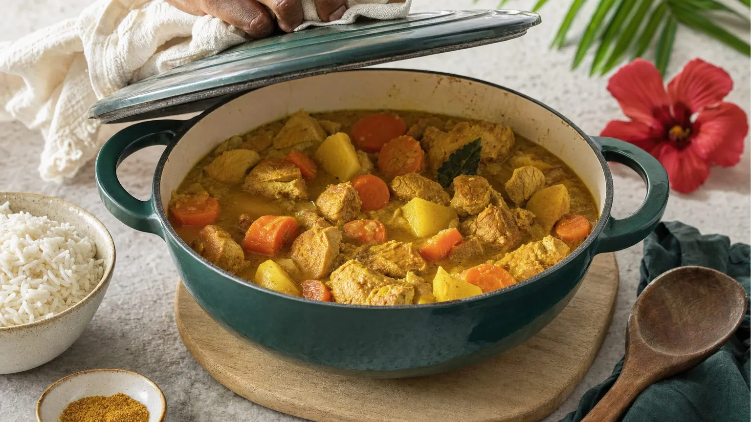 Colombo de dinde mijoté en cocotte avec légumes pays et poudre à colombo