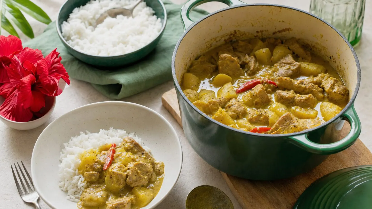 Colombo de porc au lait de coco dans une cocotte, sauce crémeuse servie avec du riz blanc