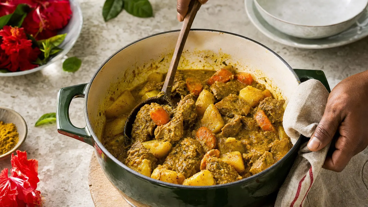 Colombo de veau mijoté en cocotte avec légumes pays et poudre à colombo