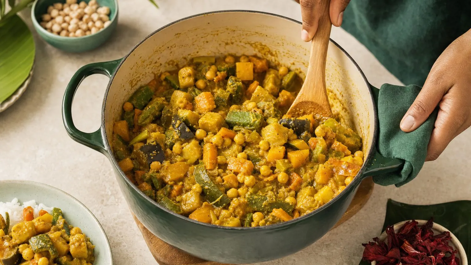 Marmite de colombo végétarien aux légumes pays et pois chiches