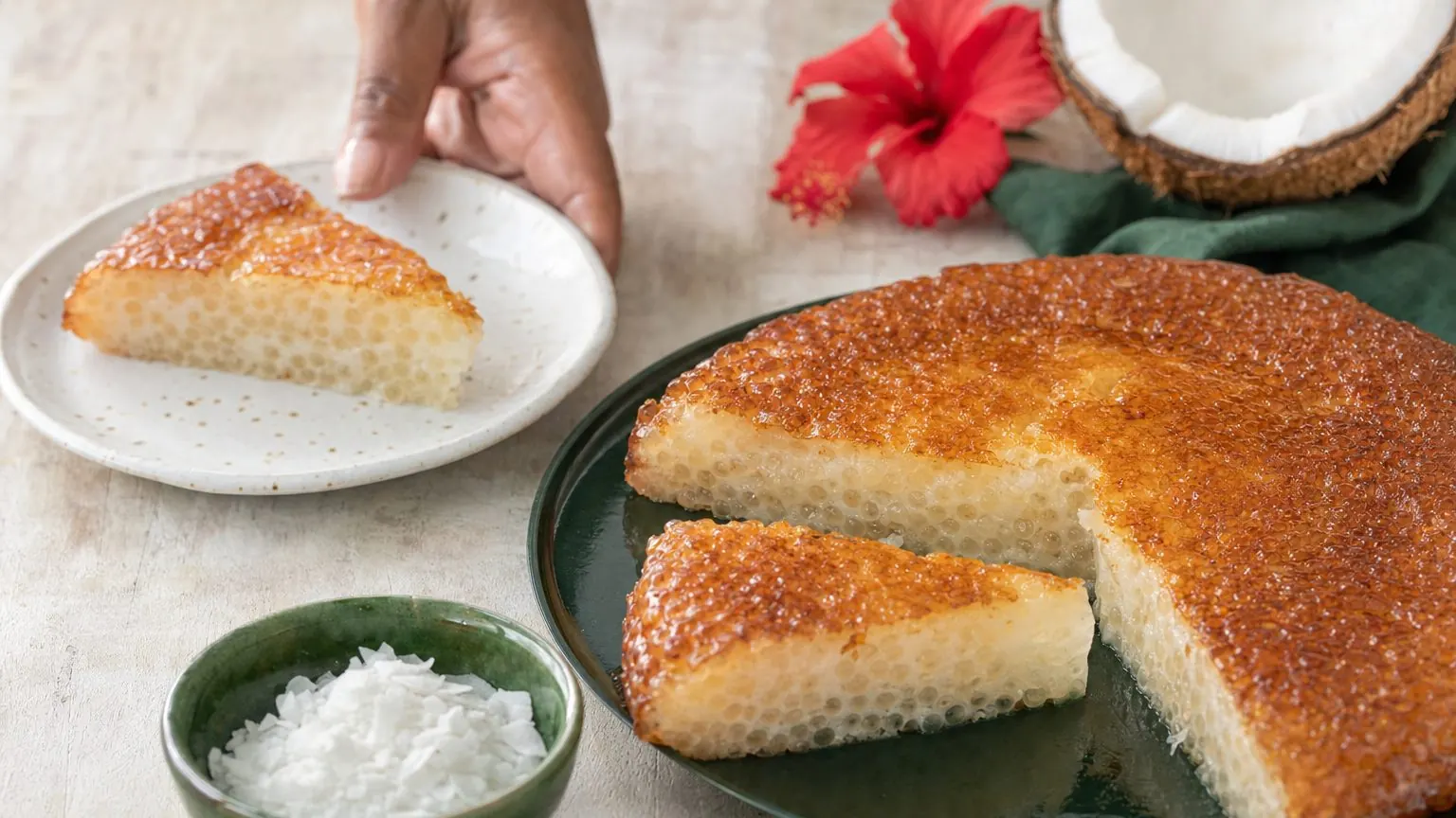 Gâteau tapioca au lait de coco tranché, perles translucides, recette gateau tapioca