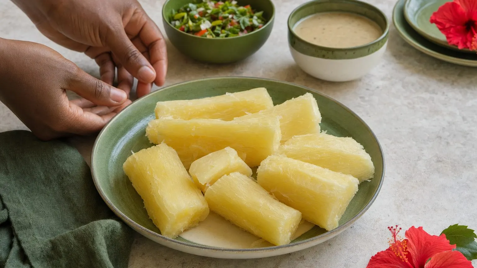 Morceaux de manioc bouilli dans une assiette, manioc calories et valeur nutritionnelle