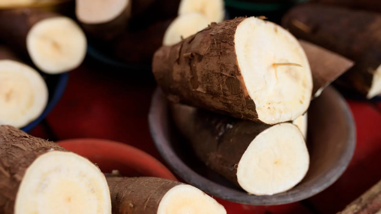 Racine de manioc épluchée montrant sa chair blanche, prête à être cuite, illustrant le danger du manioc cru