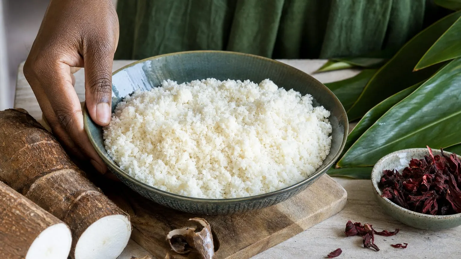 Bol de manioc fermenté façon attiéké, semoule blanche issue de la fermentation traditionnelle du manioc