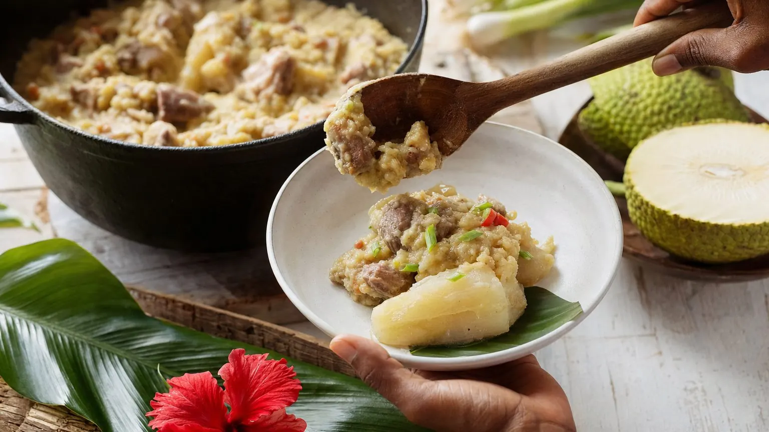 Migan de fruit à pain, purée créole à la queue de cochon dans un chaudron