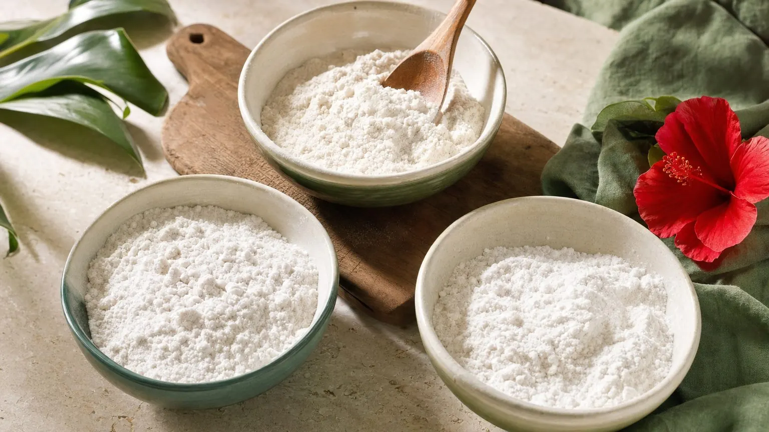 Trois bols de farines pour un mix de farine sans gluten maison : manioc, tapioca, riz