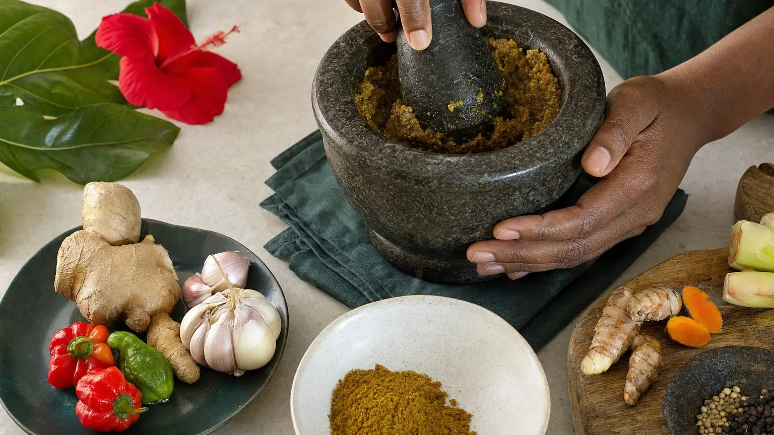 Pâte à colombo maison dans un mortier, épices moulues, ail et gingembre frais
