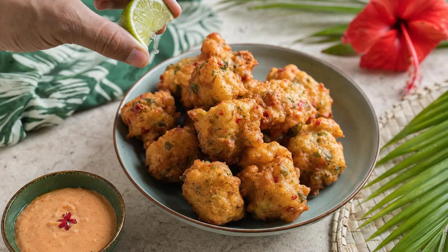 Accras de crevettes dorés et croustillants servis avec une sauce, recette accras crevettes