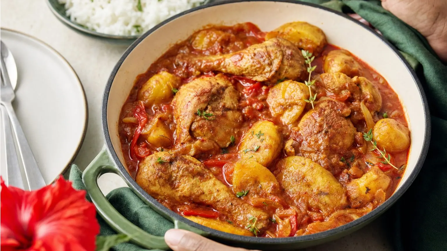 Poulet mijoté avec des tranches de banane plantain dans une sauce tomate-oignon, recette banane plantain poulet