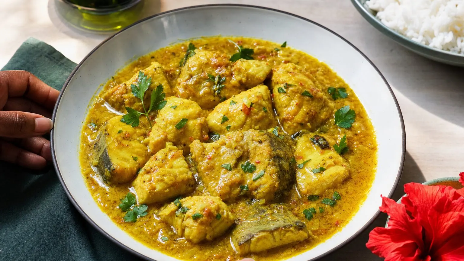 Morceaux de thon et de dorade dans une sauce colombo, recette colombo de poisson