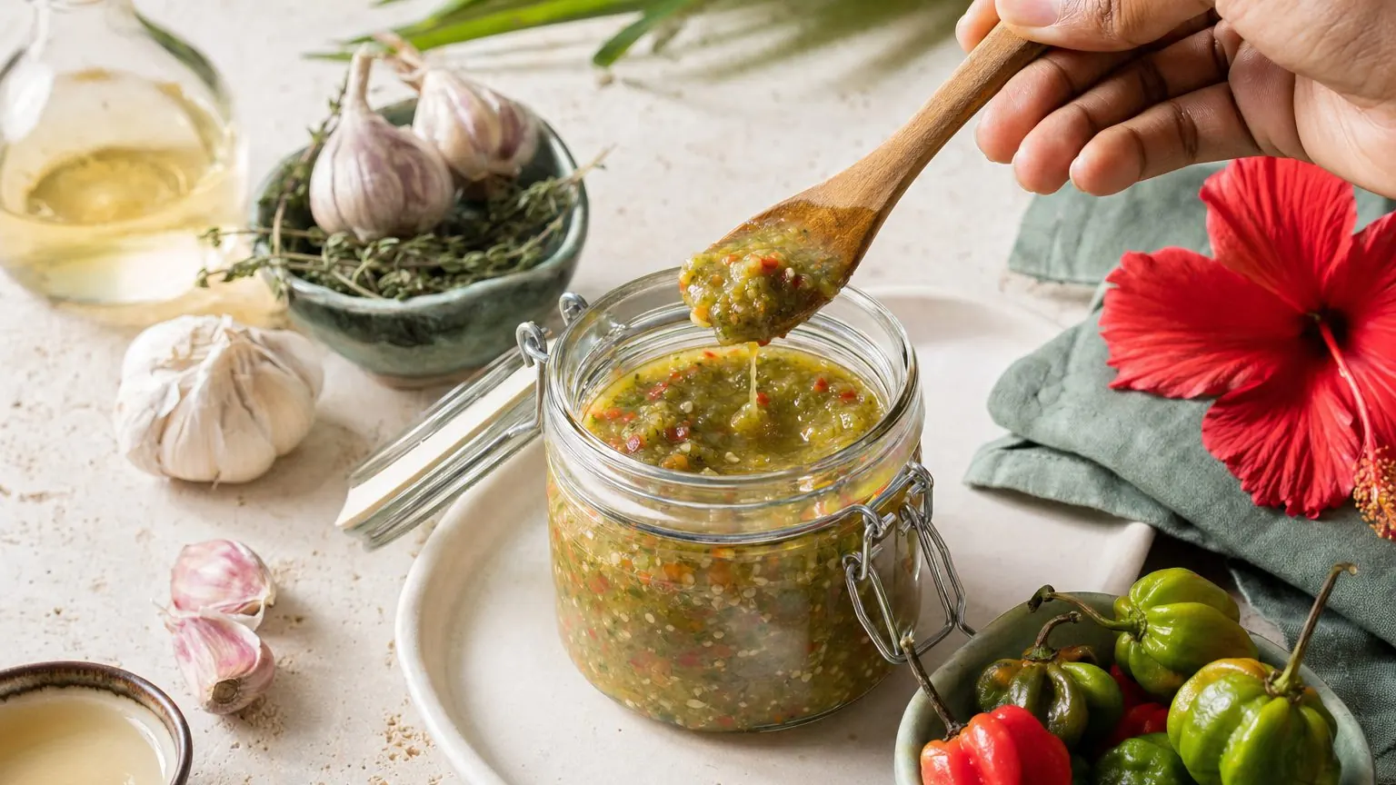 Bocal de sauce de piment antillais avec ail et vinaigre, recette piment antillais maison