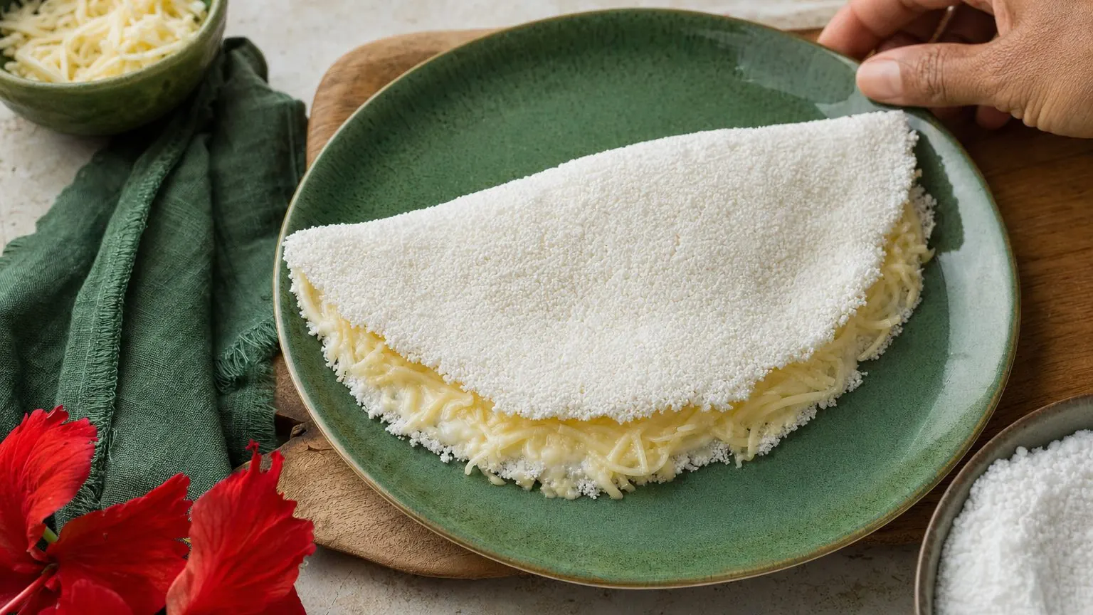 Crêpe de tapioca brésilienne salée garnie de fromage, recette tapioca salé