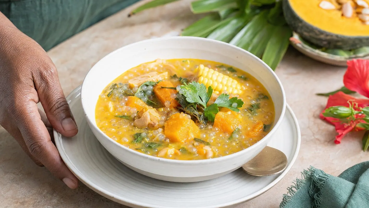 Bol de soupe tapioca au giraumon avec légumes et perles translucides